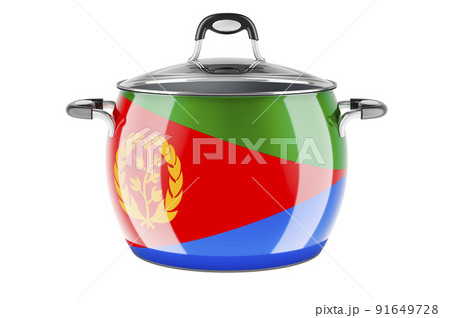 Eritrean national cuisine concept. Eritrean flag painted on the stainless steel stock pot. 3D rendering Eritrean national cuisine concept. Eritrean flag painted on the stainless steel stock pot. 3D rendering 91649728