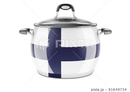 Finnish national cuisine concept. Finnish flag painted on the stainless steel stock pot. 3D rendering 91649734