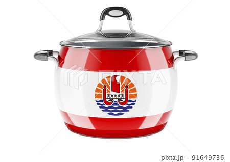 French Polynesian national cuisine concept. French Polynesian flag painted on the stainless steel stock pot. 3D rendering 91649736