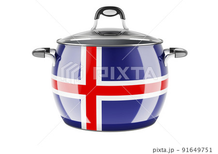 Icelandic national cuisine concept. Icelandic flag painted on the stainless steel stock pot. 3D rendering 91649751
