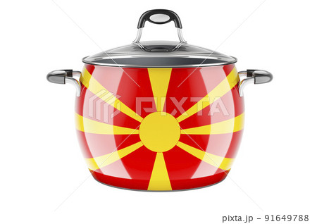Macedonian national cuisine concept. Macedonian flag painted on the stainless steel stock pot. 3D rendering Macedonian national cuisine concept. Macedonian flag painted on the stainless steel stock pot. 3D rendering 91649788