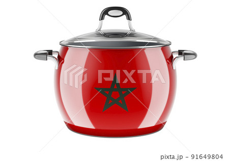 Moroccan national cuisine concept. Moroccan flag painted on the stainless steel stock pot. 3D rendering 91649804