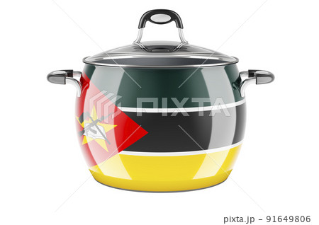 Mozambican national cuisine concept. Mozambican flag painted on the stainless steel stock pot. 3D rendering 91649806