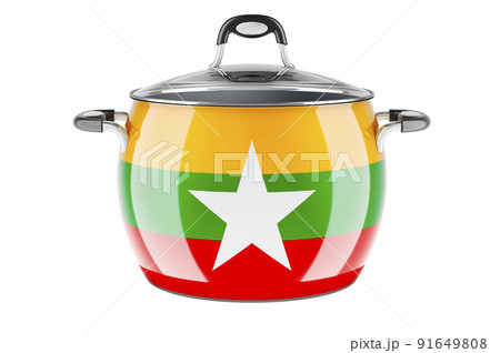 Myanmar national cuisine concept. Myanmar flag painted on the stainless steel stock pot. 3D rendering 91649808