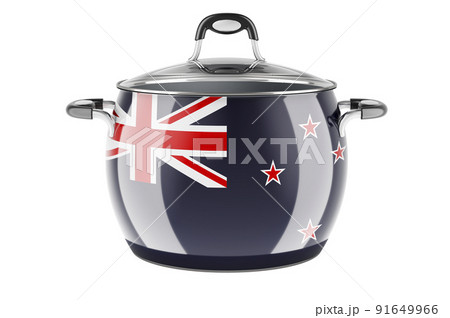 New Zealand national cuisine concept. New Zealand flag painted on the stainless steel stock pot. 3D rendering 91649966