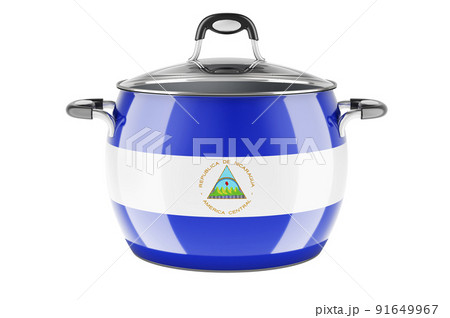 Nicaraguan national cuisine concept. Nicaraguan flag painted on the stainless steel stock pot. 3D rendering 91649967