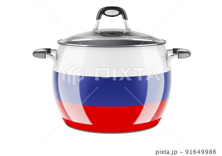 Russian national cuisine concept. Russian flag painted on the stainless steel stock pot. 3D rendering Russian national cuisine concept. Russian flag painted on the stainless steel stock pot. 3D rendering 91649986