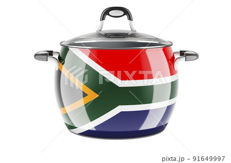 South African national cuisine concept. South African flag painted on the stainless steel stock pot. 3D rendering South African national cuisine concept. South African flag painted on the stainless steel stock pot. 3D rendering 91649997