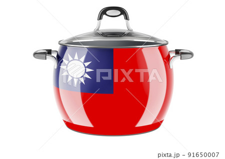 Taiwanese national cuisine concept. Taiwanese flag painted on the stainless steel stock pot. 3D rendering 91650007