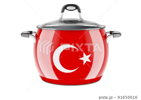 Turkish national cuisine concept. Turkish flag painted on the stainless steel stock pot. 3D rendering Turkish national cuisine concept. Turkish flag painted on the stainless steel stock pot. 3D rendering 91650016