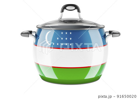 Uzbek national cuisine concept. Uzbek flag painted on the stainless steel stock pot. 3D rendering Uzbek national cuisine concept. Uzbek flag painted on the stainless steel stock pot. 3D rendering 91650020
