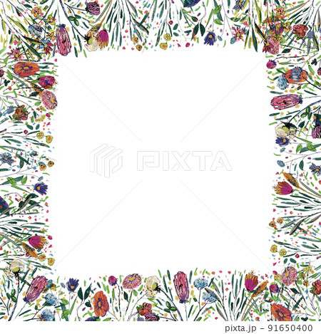Greeting card with watercolor flowers. Abstract floral frame. Botanical hand drawn border. 91650400