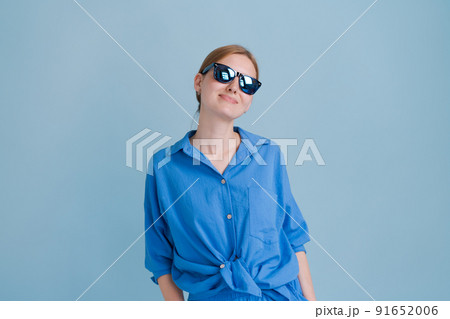 Photograph beautiful positive young woman wearing casual shirt and stylish 91652006