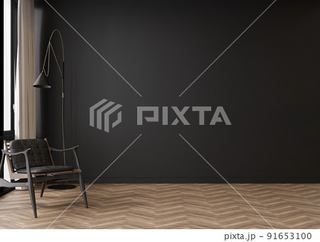 Room with parquet floor, black wall and empty space. Armchair, lamp. Mock up interior. Free, copy space for your furniture, picture, decoration and other objects. 3D rendering. 91653100