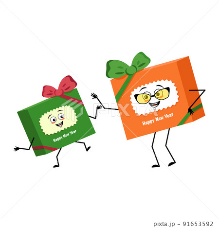 Cute character gift box for new year with bow and joyful emotions, smile face, happy eyes, hands and feet. Festive packaging for Christmas with kind expression, grandmother with glasses and grandson Cute character gift box for new year with bow and joyful emotions, smile face, happy eyes, hands and feet. Festive packaging for Christmas with kind expression, grandmother with glasses and grandson 91653592