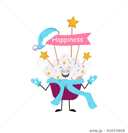 Cute cupcake character with joyful emotions, face, happy eyes, arms and legs. Sweet food with decorations, festive dessert. Happy New Year symbol in a blue Santa hat, scarf and mittens Cute cupcake character with joyful emotions, face, happy eyes, arms and legs. Sweet food with decorations, festive dessert. Happy New Year symbol in a blue Santa hat, scarf and mittens 91653608