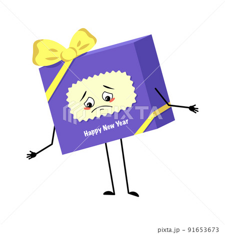 Cute character gift box for new year with bow and sad emotions, depressed face, down eyes, arms and legs. Festive packaging for Christmas 91653673