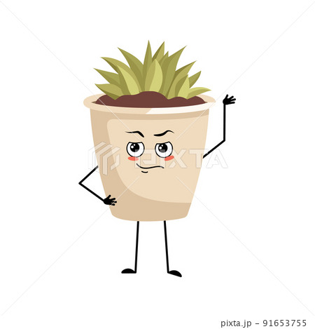 Cute character indoor plant in a pot with emotions of a hero, a brave face, arms and legs. Planter with succulent for interior decoration Cute character indoor plant in a pot with emotions of a hero, a brave face, arms and legs. Planter with succulent for interior decoration 91653755