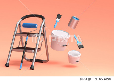 Set of cans or buckets with paint roller, brush and folding ladder on orange 91653896