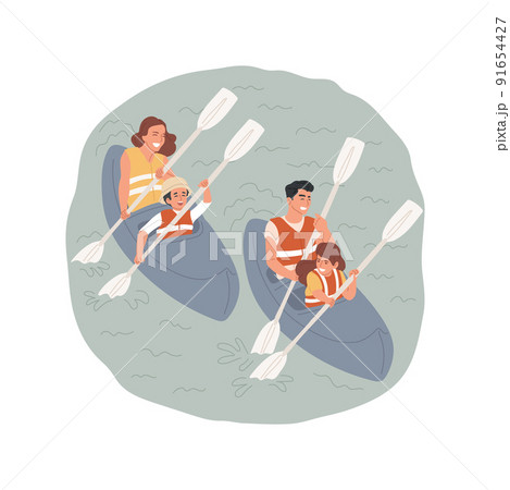 Kayaking isolated cartoon vector illustration. Father and mother sitting in two kaykaks together with kids, family travel, wearing lifejacket, lake kayaking, summer holiday vector cartoon. 91654427
