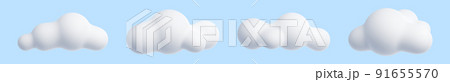 White cloud cartoon 3d render set - soft fluffy round-shaped clouds on blue pastel background. 91655570