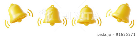 Notification bell icon 3d render - cute cartoon illustration of simple yellow bell for reminder or notice concept. 91655571