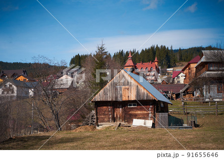 Ukrainian karpaty mountains landscape. Spring in carpathian village Ukrainian karpaty mountains landscape. Spring in carpathian village 91655646