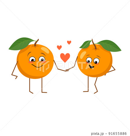 Set of cute oranges characters with emotions isolated on white background. The funny or happy heroes, orange fruit and vegetable have play, fall in love. Vector flat illustration Set of cute oranges characters with emotions isolated on white background. The funny or happy heroes, orange fruit and vegetable have play, fall in love. Vector flat illustration 91655886