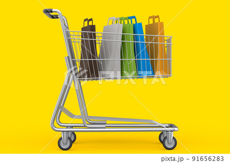 Shopping cart or trolley with shopping bag on yellow background. Shopping cart or trolley with shopping bag on yellow background. 91656283