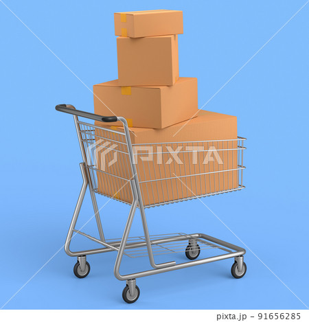 Shopping cart or trolley with cardboard boxes on blue background. 91656285