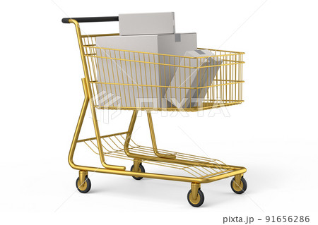 Shopping cart or trolley with cardboard boxes on white background. Shopping cart or trolley with cardboard boxes on white background. 91656286