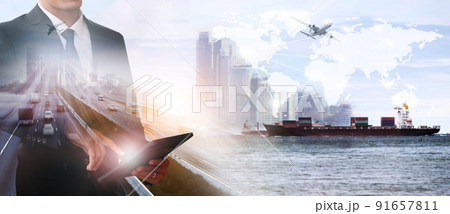 Businessman with world logistics background or transportation Industry or shipping business, Container Cargo shipment truck delivery airplane import export Concept Businessman with world logistics background or transportation Industry or shipping business, Container Cargo shipment truck delivery airplane import export Concept 91657811