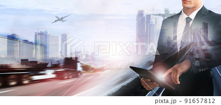 Businessman with world logistics background or transportation Industry or shipping business, Container Cargo shipment truck delivery airplane import export Concept Businessman with world logistics background or transportation Industry or shipping business, Container Cargo shipment truck delivery airplane import export Concept 91657812