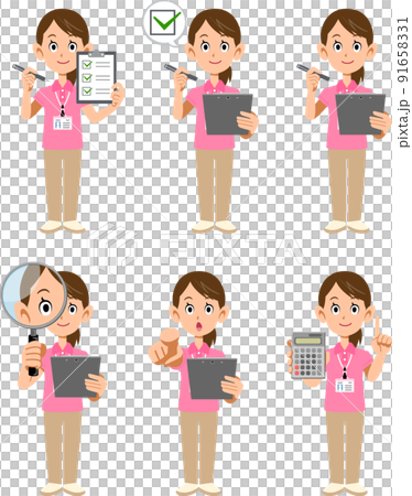 A set of 6 types of women wearing a pink short-sleeved polo shirt and a name tag with a magnifying glass and documents 91658331