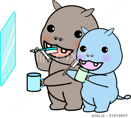 歯ブラシをする親子の可愛いかばのイラスト素材