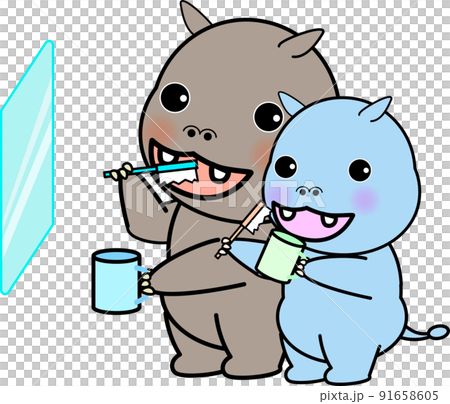 適合使用牙刷的父母和孩子的可愛河馬 91658605