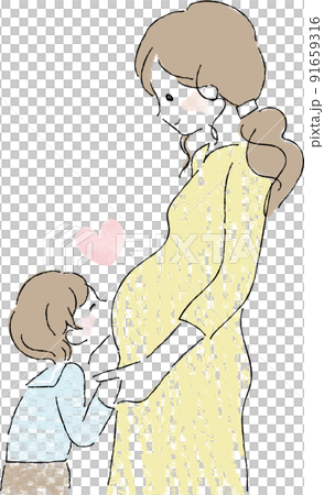 A boy kissing a pregnant woman's belly 91659316