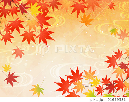 紅葉と流水紋のフレーム背景 91659581