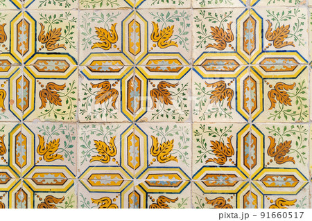 Patterns and textures on beautiful painted tiles in Portugal 91660517