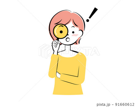 虫眼鏡をのぞく若い女性	　3c 91660612