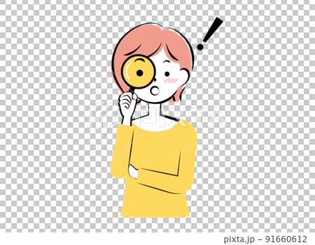 虫眼鏡をのぞく若い女性	　3c 91660612