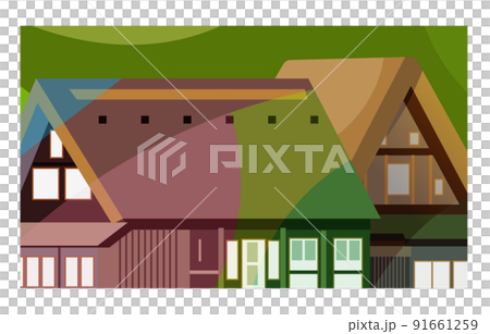 Making a gassho with an old folk house that weaves the beautiful four seasons of Japan. Please use it as a background or wallpaper. 91661259