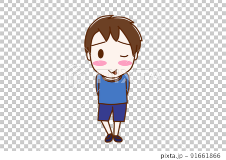 (全身正面)臉頰染紅吐舌頭害羞的少年 (全身正面)臉頰染紅吐舌頭害羞的少年 91661866