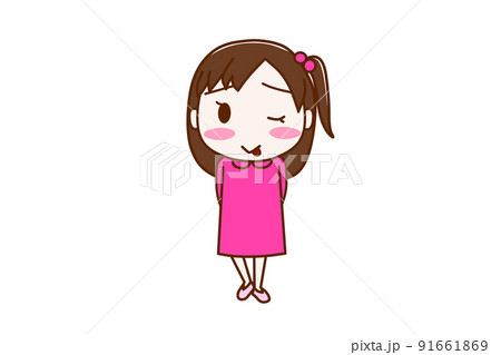 （全身正面）ほっぺを赤く染めてテヘっと舌を出して照れている少女 91661869