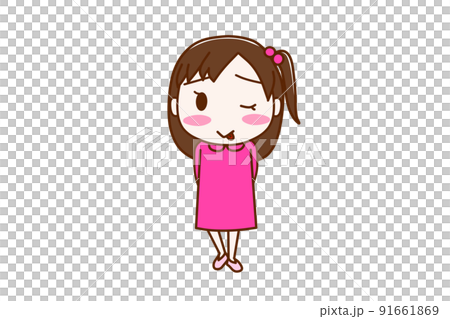 （全身正面）ほっぺを赤く染めてテヘっと舌を出して照れている少女 91661869