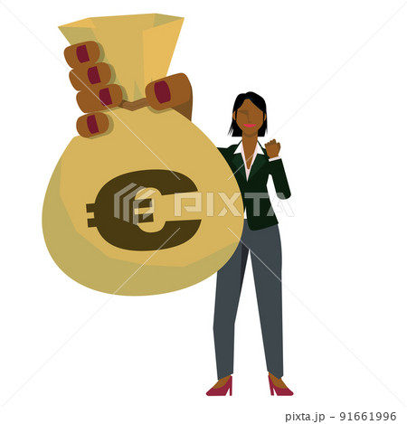 大きなお金の袋を持つビジネスマン女性ユーロの袋　ビジネス、金融のイメージ　大金持ち　FIRE早期退職 91661996