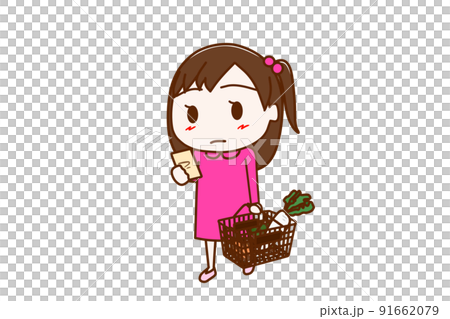 (Whole body diagonal) A girl holding a basket and shopping while checking notes 91662079