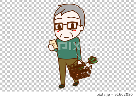 (Whole body diagonal) An elderly man holding a basket and shopping while checking notes 91662080