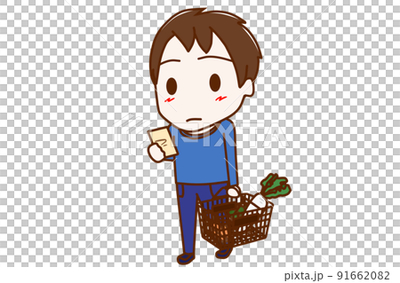 (Whole body diagonal) A boy holding a basket and shopping while checking notes 91662082