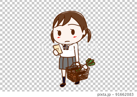 (Whole body diagonal) Female student shopping while holding a basket and checking notes 91662083